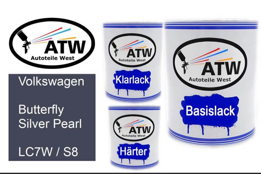 Volkswagen, Butterfly Silver Pearl, LC7W / S8: 1L Lackdose + 1L Klarlack + 500ml Härter - Set, von ATW Autoteile West.